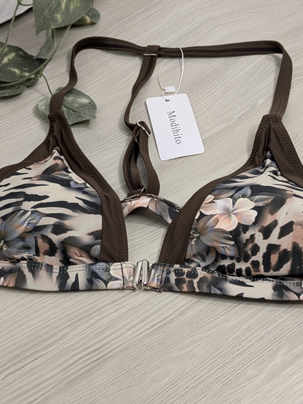 Brown Floral Animal Print Triangle Bikini Top